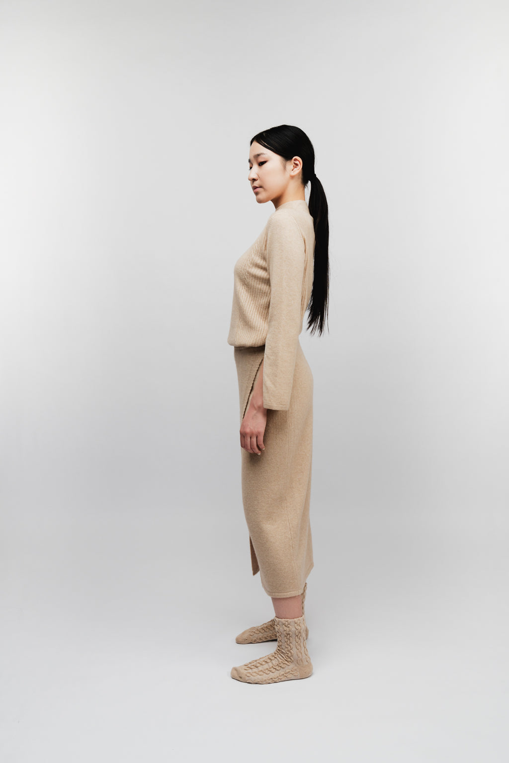 Wrap-style midi skirt