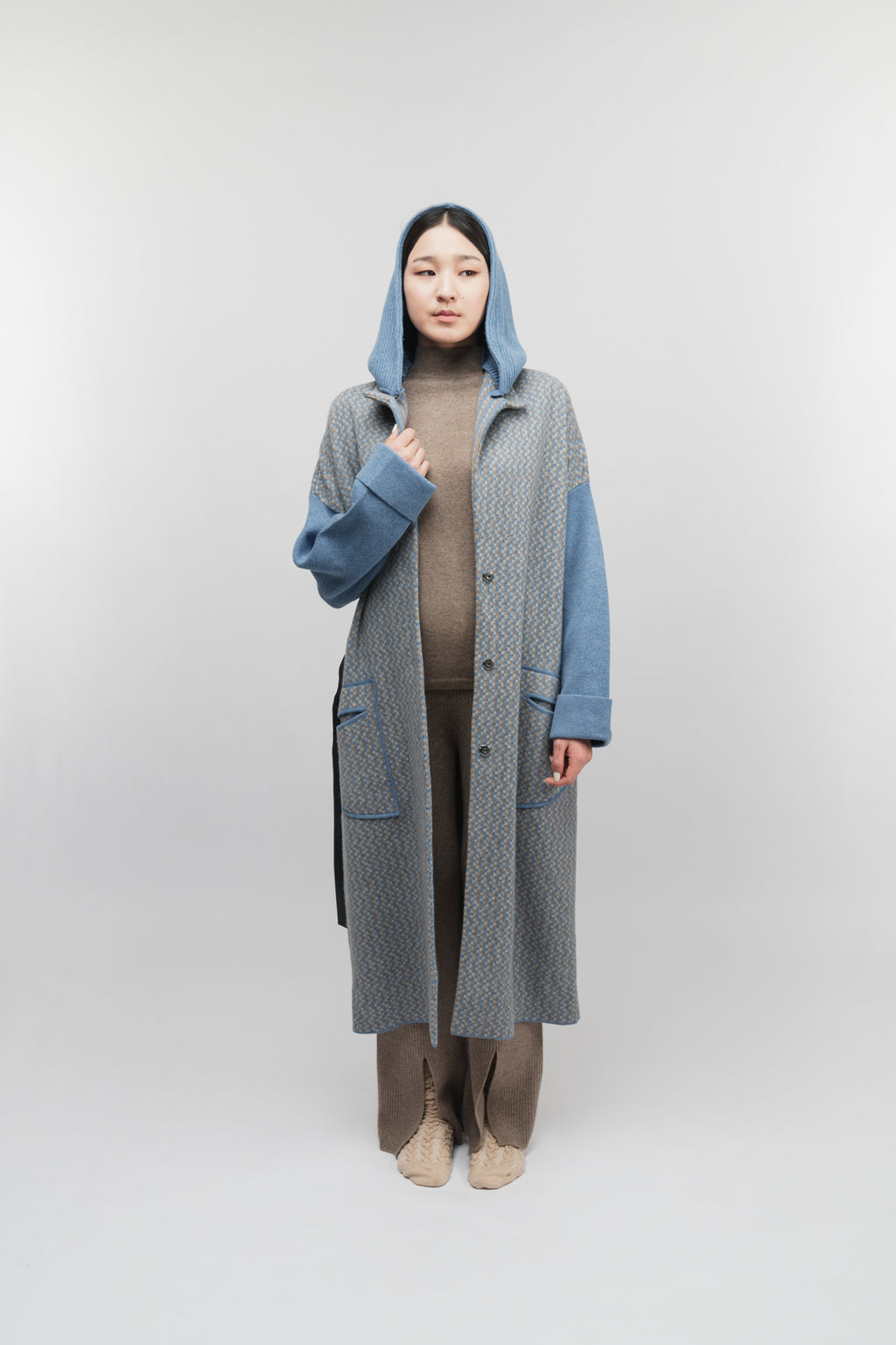 (Made to order) Dual-Tone Hooded Longline Coat (Blue)