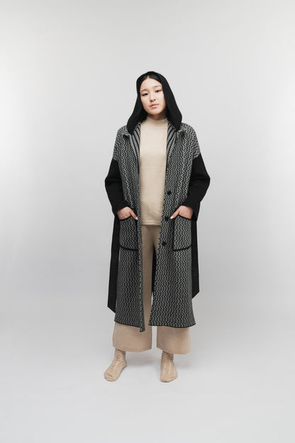 Dual-Tone Hooded Longline Coat (Black)