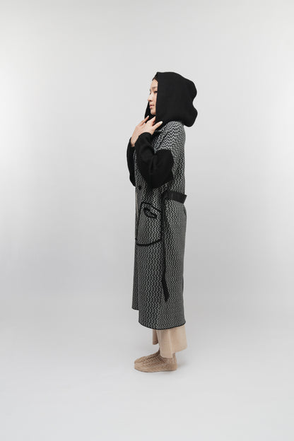 Dual-Tone Hooded Longline Coat (Black)