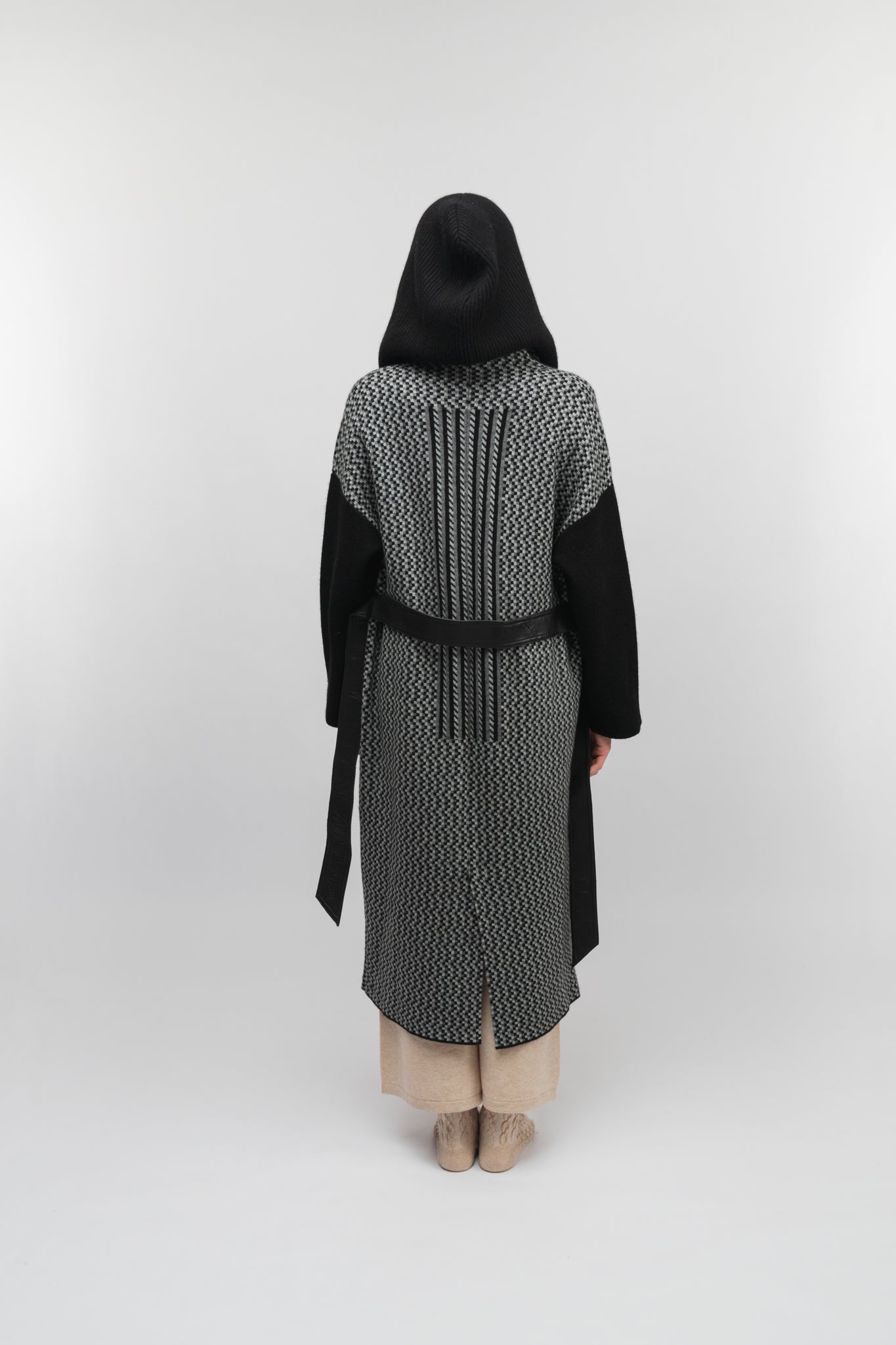 Dual-Tone Hooded Longline Coat (Black)